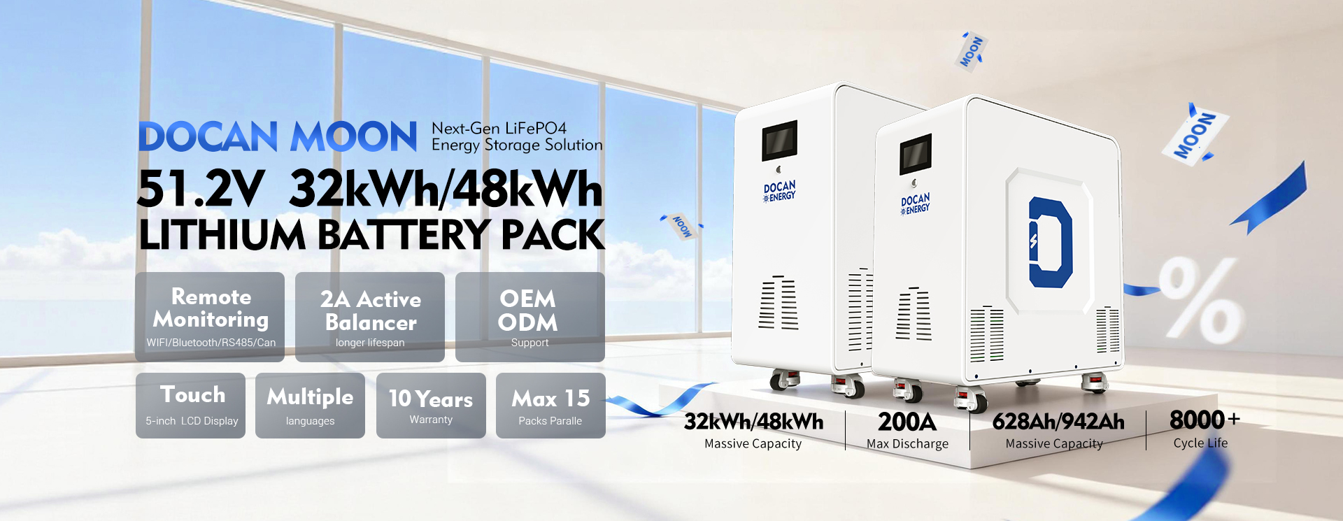 Docan MOON 32kWh 48kWh 51.2V 628Ah 942Ah LiFePO4 home solar battery