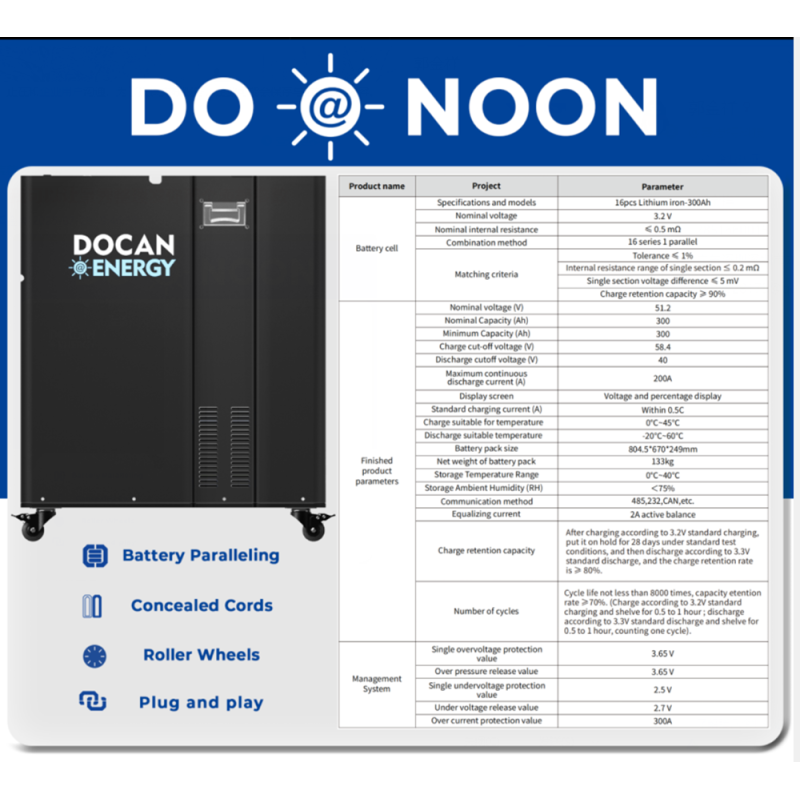 (China stocks) Newest DO-NOON 51.2V 300Ah 15KWh moveable Battery pack with WIFI