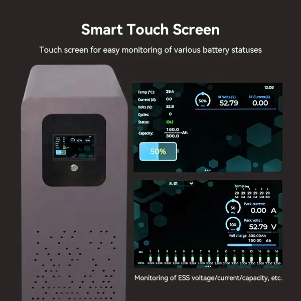 USA stocks 51.2V 300Ah 15KWh moveable Battery pack with 200A BMS and touch screen WIFI/Bluetooth
