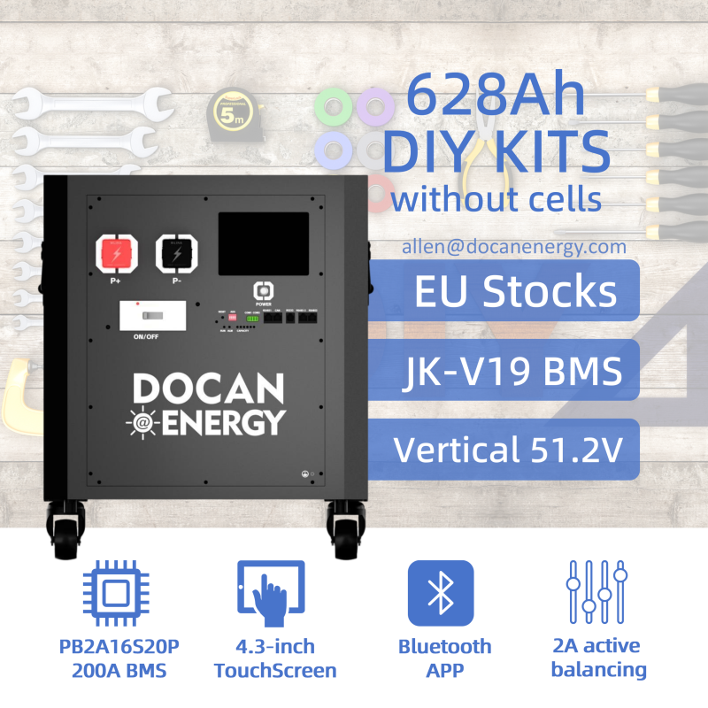 EU stocks Docan Energy stackable 48V 51.2V DIY 628Ah kits with JK PB2A16S20P V19 BMS M8 terminal DC breaker
