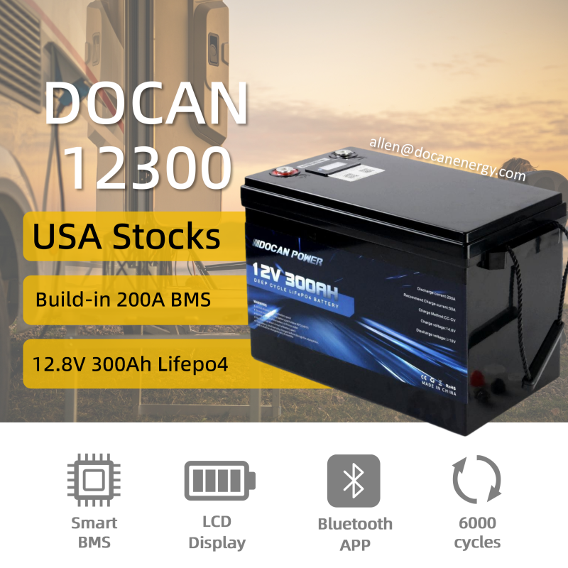 USA Stocks 12V 12.8V 300Ah battery pack with JBD 4S 200A BMS LCD display