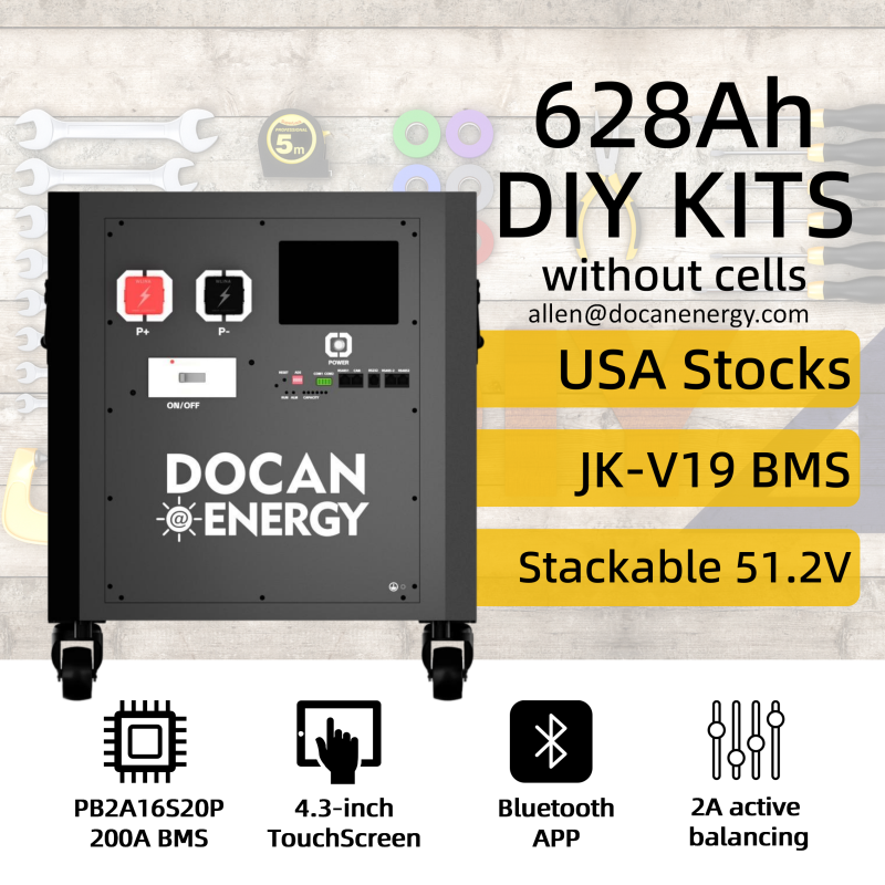 USA stocks Docan Energy stackable 48V 51.2V DIY 628aH kits with JK PB2A16S20P V19 BMS M8 terminal DC breaker