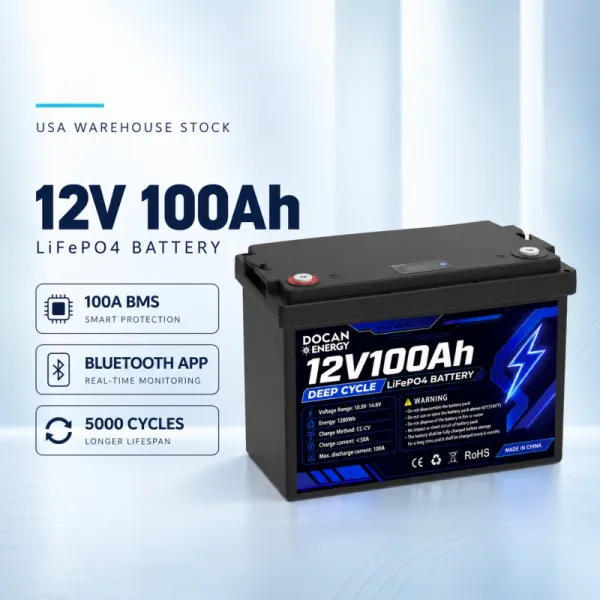us stocks 12v 100ah lifepo4 battery with 100A smart bms and bluetooth