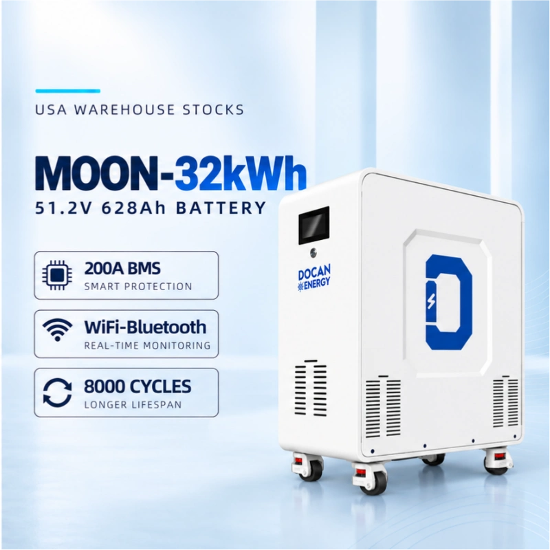 USA stocks Docan Energy 32kWh 51.2V 628Ah moveable Battery pack with 200A BMS and touch screen WIFI/Bluetooth