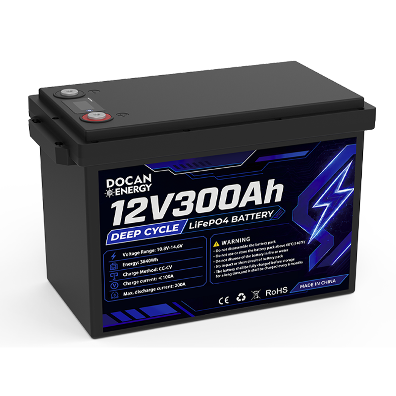 Docan Energy 12V 300Ah LiFePO4 deep cycle battery with LCD display
