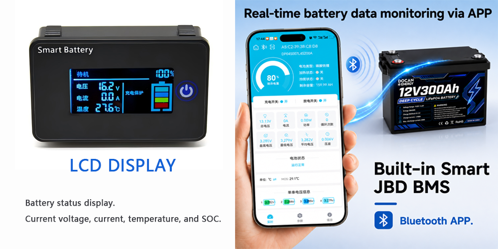 LCD display functions for 12V 300Ah smart LiFePO4 battery