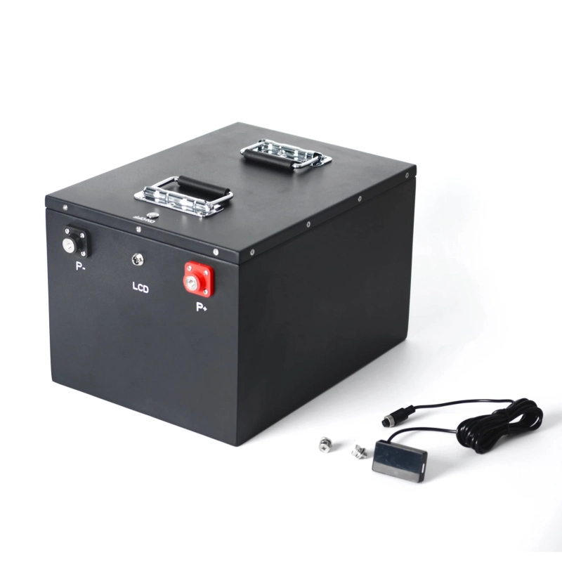 Golf cart lithium battery with external display, connecting cable and photographed terminal hardware