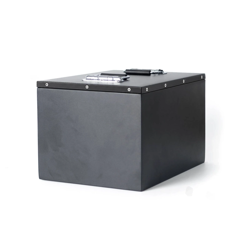 Rear and side view of black 48V105Ah golf cart battery enclosure with folding handles